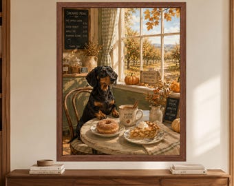 Dachshund Orchard Café Print, Apple Cider Donut, Fall Kitchen Decor (Digital Download)