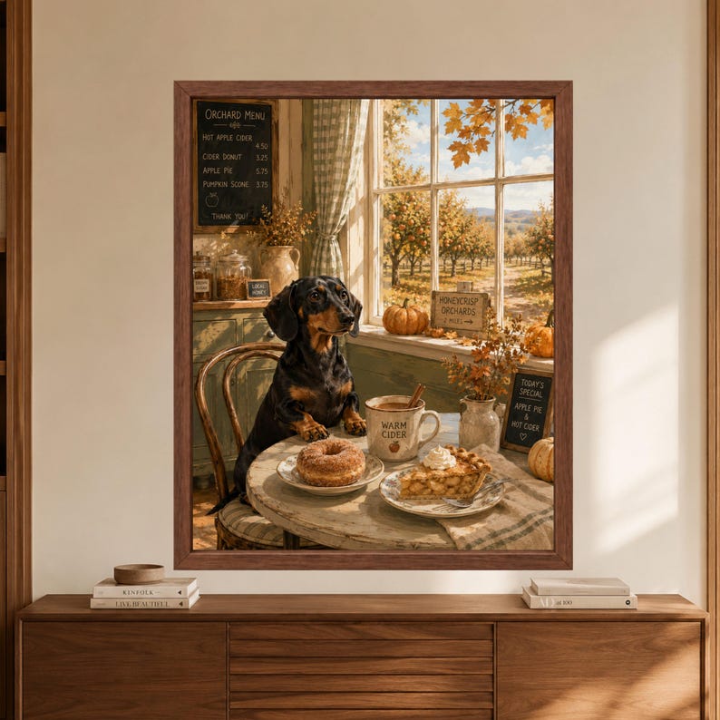 Framed dachshund wall art showing a black and tan dachshund at an autumn orchard cafe table with hot apple cider, a cider donut and apple pie beside a sunny apple orchard.