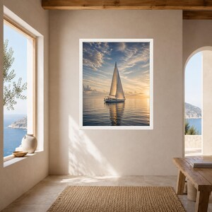 May include: A framed wall art print featuring a white sailboat on calm water during a golden sunset. The sky is filled with soft, wispy clouds reflecting warm light onto the sea surface, creating a serene maritime scene in a white frame.
