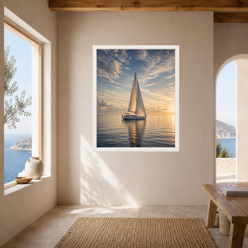 May include: A framed wall art print featuring a white sailboat on calm water during a golden sunset. The sky is filled with soft, wispy clouds reflecting warm light onto the sea surface, creating a serene maritime scene in a white frame.