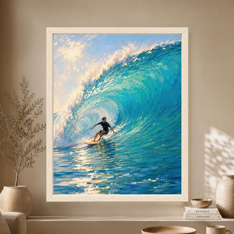 Framed surfing wall art showing a surfer riding inside a large turquoise blue ocean wave with white sea foam, bright sunlight and textured painterly brushwork.