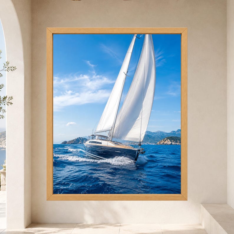 Op de afbeelding: Een ingelijste wandkunstprint met een donkerblauw zeiljacht met witte zeilen dat door diepblauw oceaanwater vaart onder een heldere lucht met lichte wolken, met in de verte rotsachtige eilanden zichtbaar op de horizonlijn.