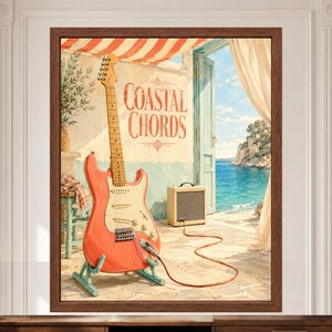 May include: A framed wall art print featuring a coral-coloured electric guitar on a stand, connected by a cable to a small amplifier. The background shows a coastal scene with a stone patio, an open door, and the text Coastal Chords on the wall.