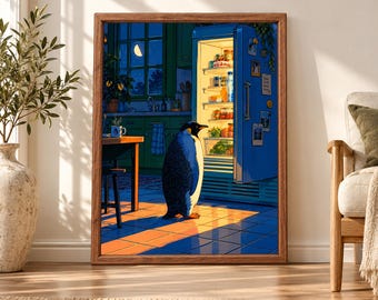 Funny Penguin Kitchen Print, Midnight Fridge Scene, Quirky Animal Art (Digital Download)