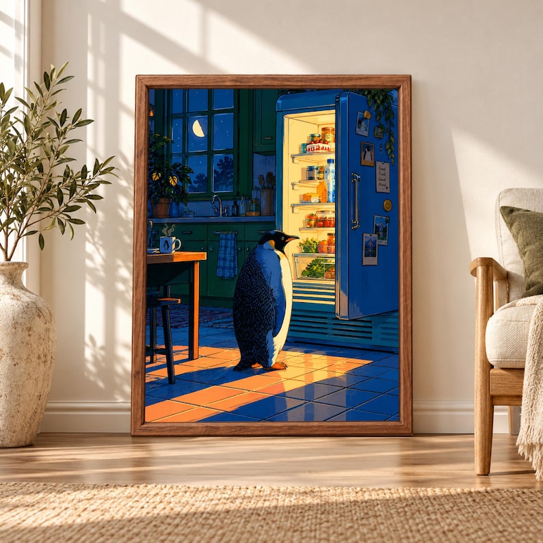 Framed penguin wall art showing a penguin standing in a dark blue kitchen in front of an open refrigerator glowing with warm light, with a crescent moon visible through the window.