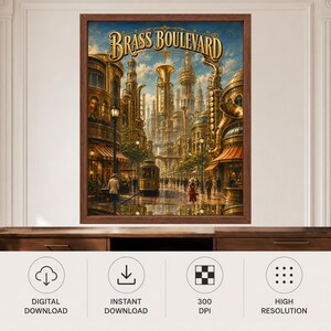 May include: A framed wall art print titled Brass Boulevard featuring a city street scene with buildings shaped like brass musical instruments, a central tram, and people walking under a cloudy sky, all rendered in warm golden and brown tones.