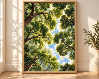 Looking Up Forest Print, Green Canopy Wall Art, Biophilic Nature Poster (Digital Download)