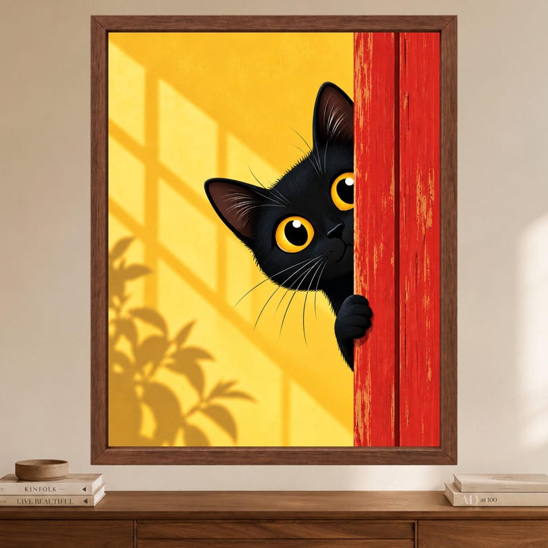 May include: A framed wall art print featuring a black cat with large yellow eyes peeking from behind a textured red wooden door. The background is a bright yellow wall with a shadow of a plant cast by sunlight coming through a window pane.