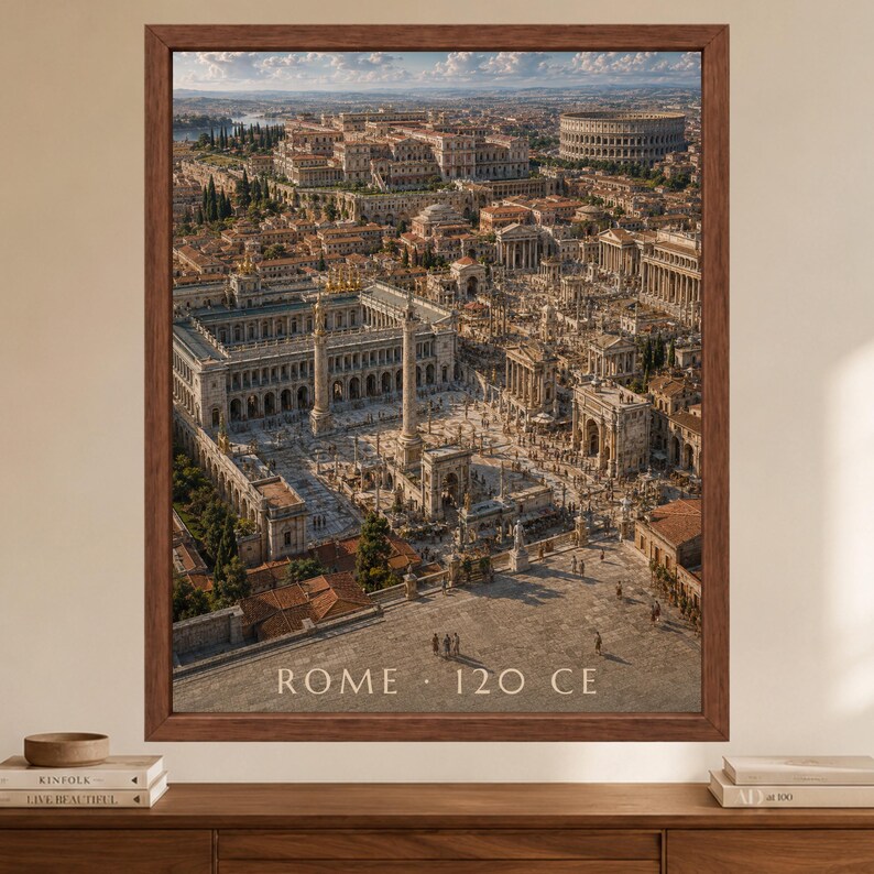 May include: A framed wall art print depicting an aerial view of ancient Rome in 120 CE, featuring detailed stone architecture, columns, and the Colosseum. The text ROME 120 CE is printed in white at the bottom of the image within a brown wooden frame.