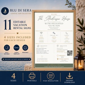 Sage green Airbnb QR code sign bundle with 11 editable Canva vacation rental templates, four sizes per design and printable guest information signs.
