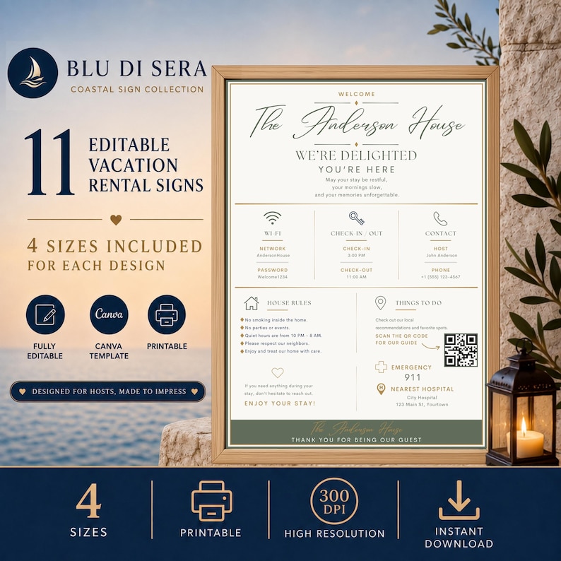 Sage green Airbnb QR code sign bundle with 11 editable Canva vacation rental templates, four sizes per design and printable guest information signs.