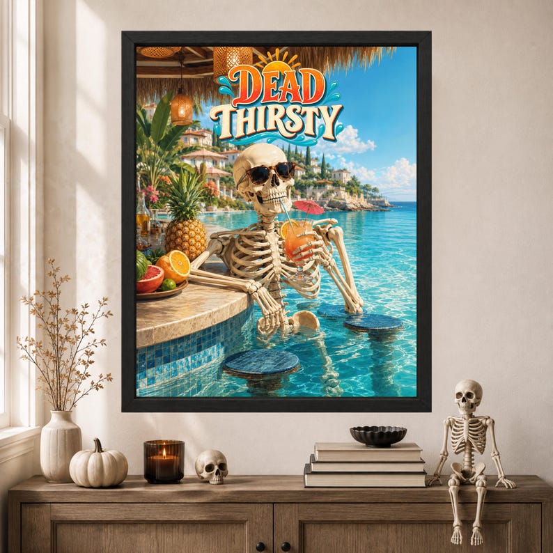 May include: A framed wall art print titled DEAD THIRSTY featuring a skeleton wearing sunglasses, sitting at a swim-up bar in a tropical pool, holding a cocktail with a small umbrella, surrounded by pineapples, citrus fruits, and coastal scenery.