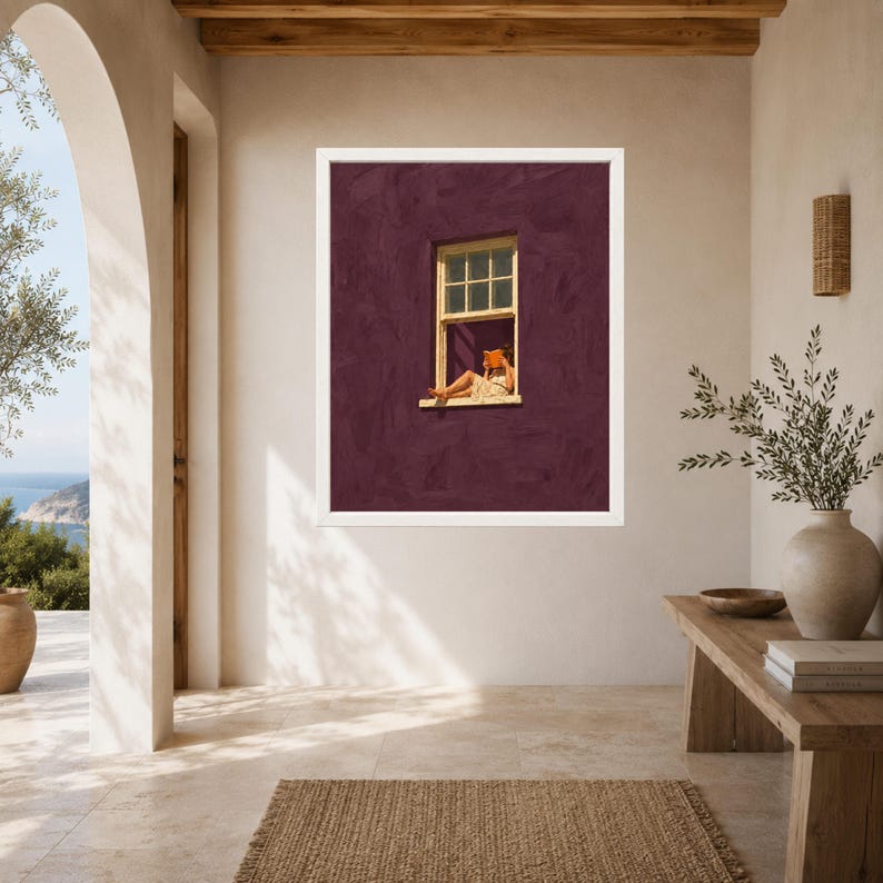 Woman Reading Window Print, Burgundy Wall Art, Minimalist Book Lover Decor (Digital Download) image 6