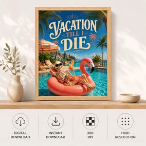 Funny Skeleton Flamingo Pool Poster, Tropical Summer Decor (Digital Download) image 11