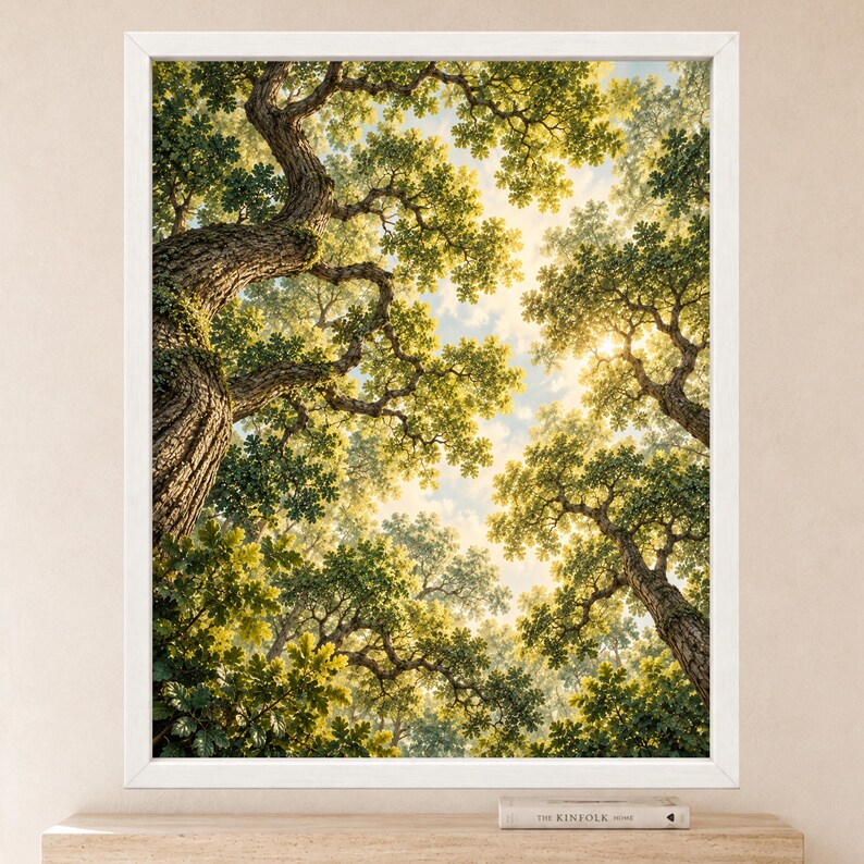 May include: A framed wall art print featuring a low-angle view of a dense forest canopy with sunlight filtering through green leaves and textured tree trunks. The image captures the intricate branches of tall trees reaching toward a bright sky.