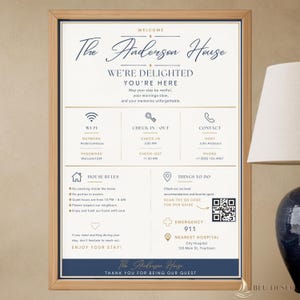 May include: A framed welcome sign for The Anderson House featuring dark blue and gold text on a white background. It includes Wi-Fi details, check-in and check-out times, house rules, emergency contact information, and a QR code for a local guide.