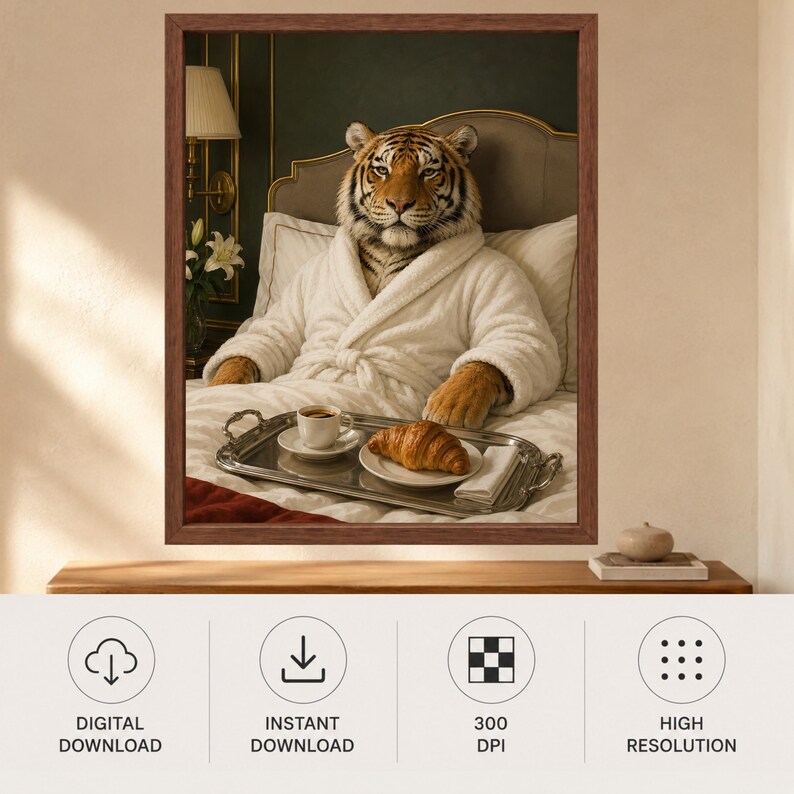 May include: A framed wall art print featuring a tiger wearing a white plush bathrobe, sitting up in a bed with white linens. A silver tray rests on the bed, holding a white cup of coffee and a croissant. The scene is set in a bedroom with a lamp.