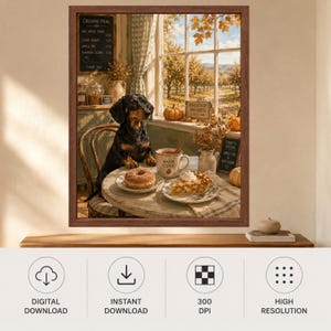 May include: A framed wall art print featuring a black and tan dachshund sitting at a round table with a doughnut, a slice of apple pie, and a mug labelled WARM CIDER. The scene includes a window view of an orchard, pumpkins, and menu signs.