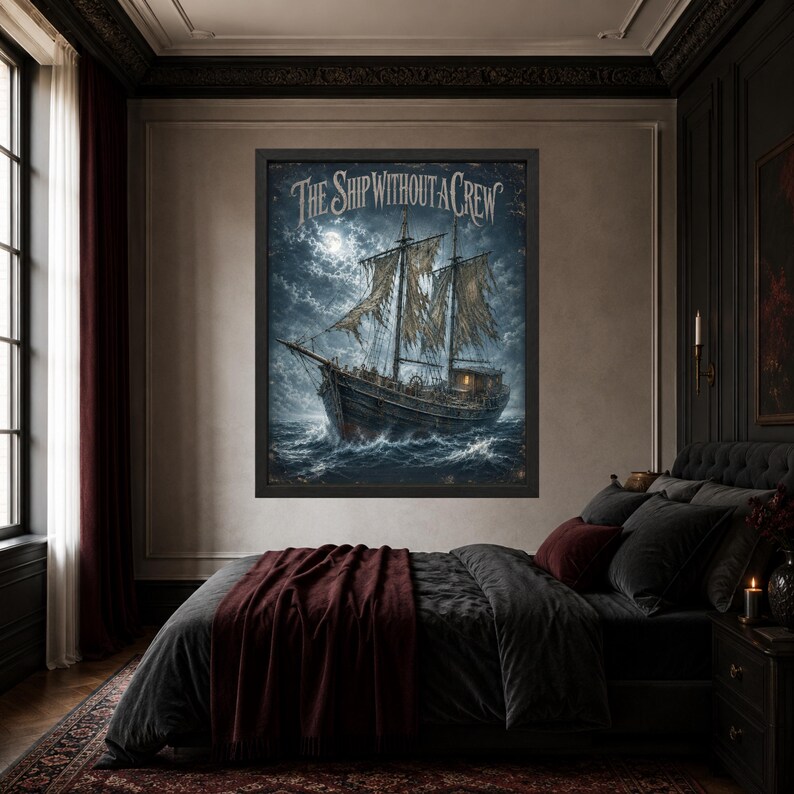 May include: A framed wall art print titled The Ship Without A Crew, depicting a dark, weathered sailing vessel with tattered sails navigating turbulent, stormy ocean waves under a bright full moon in a cloudy, night sky.