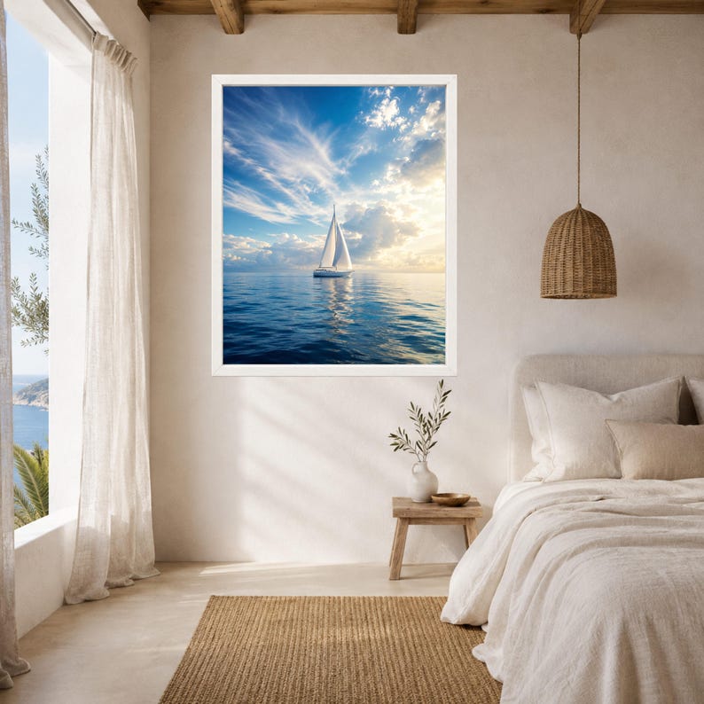 Pode incluir: Uma impress&atilde;o de arte de parede emoldurada apresentando um veleiro branco em um oceano azul calmo sob um c&eacute;u brilhante com nuvens leves. A cena captura a embarca&ccedil;&atilde;o centralizada no horizonte, refletindo na superf&iacute;cie da &aacute;gua, em moldura branca.
