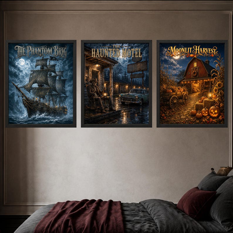 May include: A set of three framed wall art prints. The left print shows a ship at sea titled The Phantom Brig. The centre print depicts a motel scene titled The Haunted Motel. The right print shows a barn with pumpkins titled Moonlit Harvest.