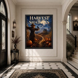K&ouml;nnte beinhalten: Ein gerahmter Kunstdruck mit dem Titel Harvest of Shadows, der eine Vogelscheuche in einem K&uuml;rbisfeld bei Nacht unter einem Vollmond zeigt. Die Szene umfasst einen gewundenen Pfad zu einem Haus, eine Kr&auml;he auf der Vogelscheuche und orange K&uuml;rbisse.