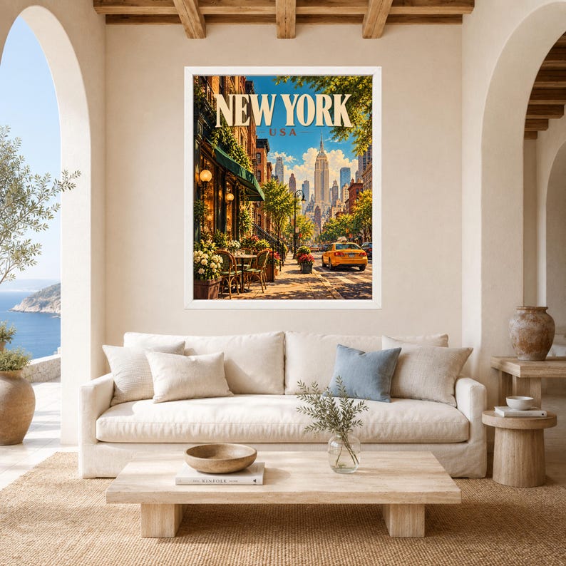 May include: A framed vertical wall art print featuring a vibrant illustration of a New York City street scene with the text NEW YORK USA at the top, showing a yellow taxi, sidewalk cafe seating, and the Empire State Building in the distance.