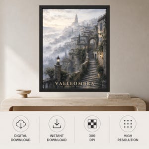May include: A framed wall art print depicting a misty hillside town with stone buildings, staircases, and glowing lanterns. The text VALLEOMBRA City Above the Silent Clouds is printed at the bottom. The scene features muted earth tones and gray fog.
