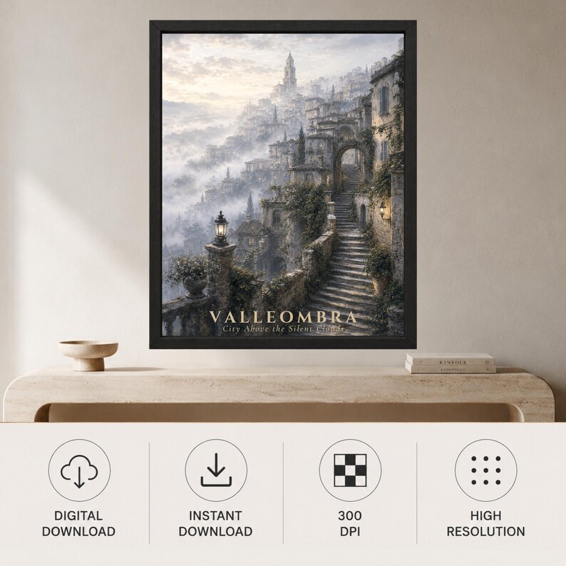 May include: A framed wall art print depicting a misty hillside town with stone buildings, staircases, and glowing lanterns. The text VALLEOMBRA City Above the Silent Clouds is printed at the bottom. The scene features muted earth tones and gray fog.
