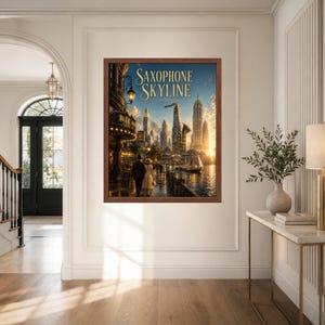 May include: A framed wall art print titled Saxophone Skyline featuring a city landscape at sunset with a large saxophone-shaped skyscraper, a waterfront promenade, and two figures walking past a building with a lit sign reading Blue Note.