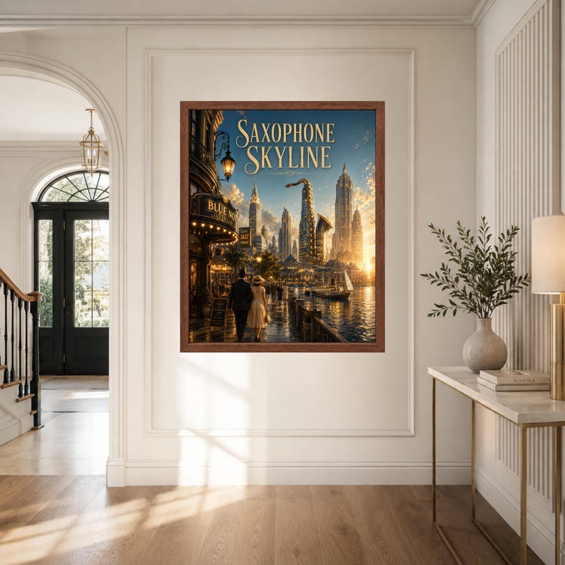 May include: A framed wall art print titled Saxophone Skyline featuring a city landscape at sunset with a large saxophone-shaped skyscraper, a waterfront promenade, and two figures walking past a building with a lit sign reading Blue Note.