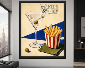 Martini and Fries Wall Art, Retro Cocktail Poster, Quirky Kitchen Decor, Digital Download