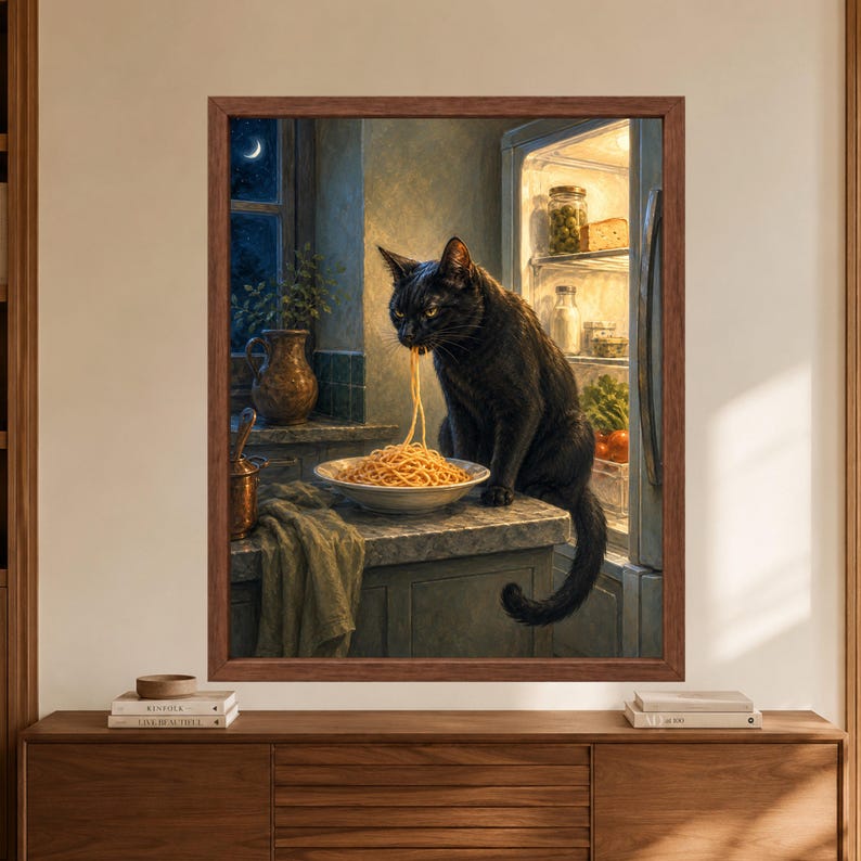 Framed black cat kitchen wall art showing a cat eating spaghetti from a plate beside an open refrigerator at night, with warm fridge light, dark blue walls and a crescent moon outside the window.