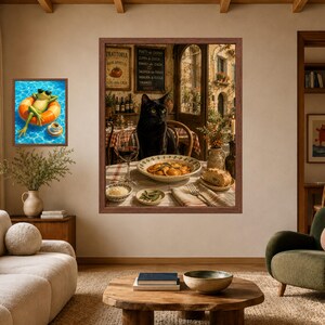 May include: Two framed wall art prints displayed on a beige wall. The left print shows a green frog in sunglasses floating on an orange inner tube in blue water. The right print depicts a black cat sitting at a table with a bowl of pasta and wine.