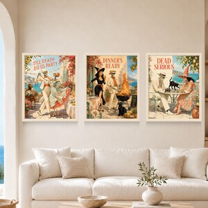 May include: A set of three framed wall art prints featuring vintage-style illustrations of skeletons and witches. The first print says TILL DEATH DO US PARTY, the second DINNER'S READY, and the third DEAD SERIOUS, depicting scenes of dancing, grilling, and playing chess.