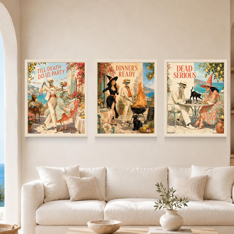 May include: A set of three framed wall art prints featuring vintage-style illustrations of skeletons and witches. The first print says TILL DEATH DO US PARTY, the second DINNER'S READY, and the third DEAD SERIOUS, depicting scenes of dancing, grilling, and playing chess.