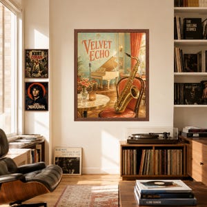 Może przedstawiać: Oprawiony wydruk artystyczny zatytułowany Velvet Echo przedstawiający złoty saksofon na czerwonym krześle w pokoju z białym fortepianem, okrągłym stołem z kwiatami i świecą. W pobliżu na ścianie wiszą dwa mniejsze plakaty muzyczne.