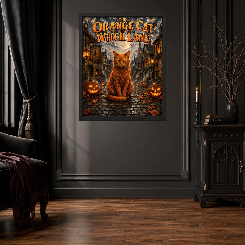 May include: A framed wall art print titled The Orange Cat of Witch Lane, featuring a ginger cat sitting on a cobblestone street at night, surrounded by glowing jack-o'-lanterns, autumn leaves, and a dark, atmospheric village background.