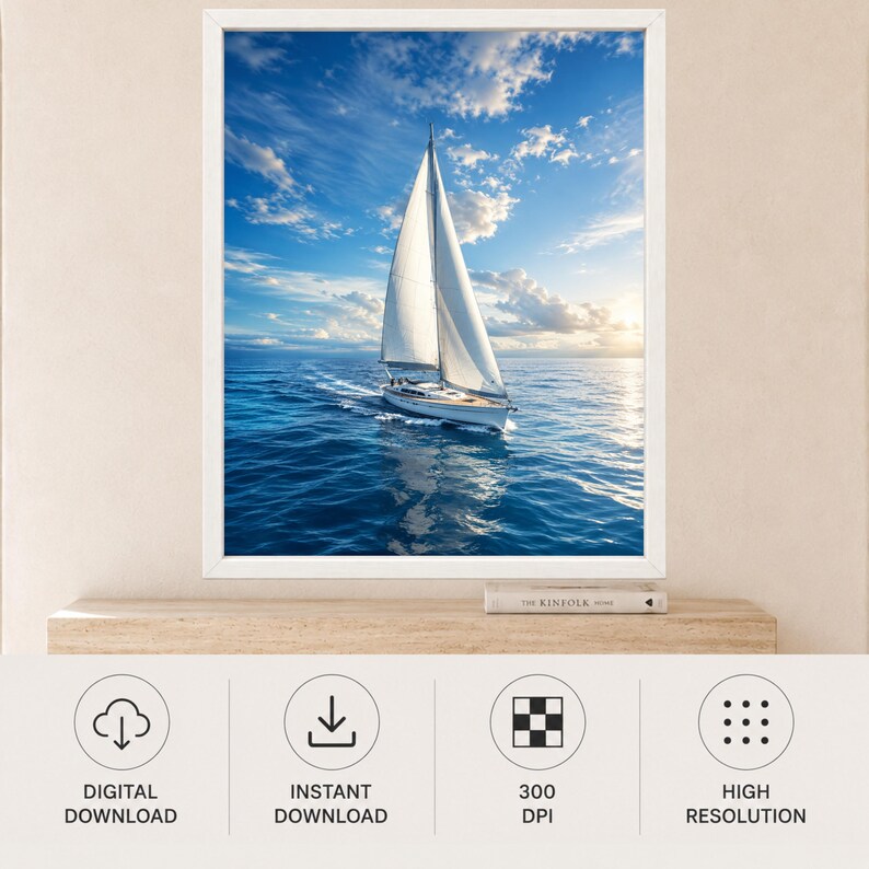 May include: A framed wall art print featuring a white sailboat navigating deep blue ocean waters under a bright sky with scattered clouds. The scene captures the vessel in motion, creating a wake, with sunlight reflecting on the water surface.