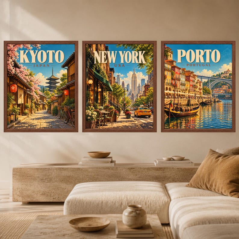 May include: A set of three framed travel posters featuring illustrations of Kyoto, Japan with cherry blossoms, New York, USA with a city street and yellow taxi, and Porto, Portugal with a riverfront view, each with bold text labels.