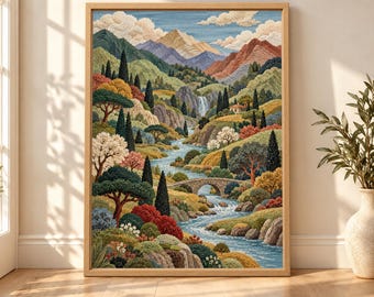 Layered Mountain River Valley Print, Cottagecore Nature Art (Digital Download)