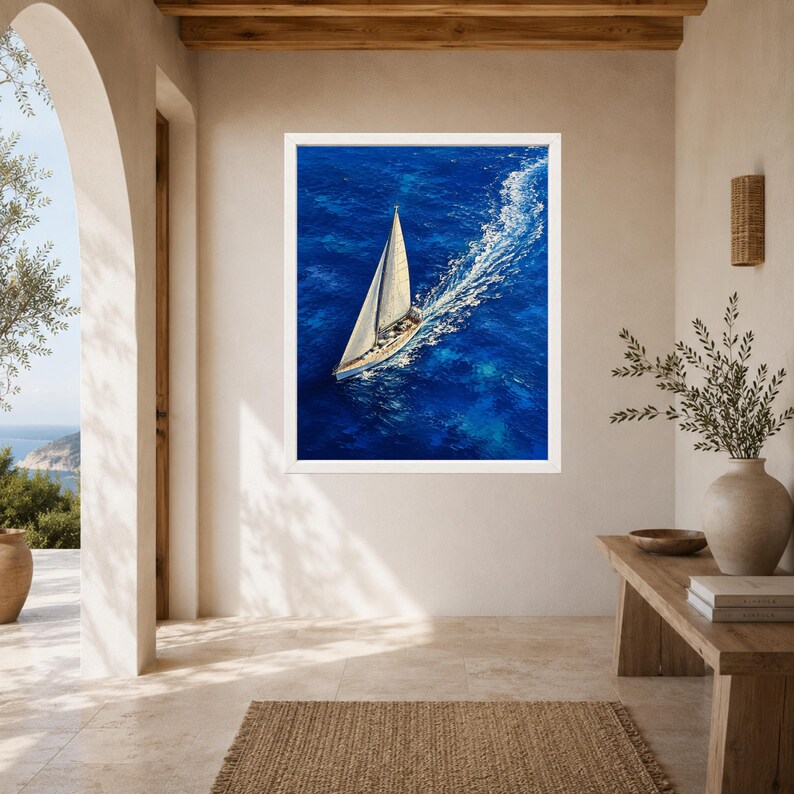 May include: A framed wall art print featuring an aerial view of a white sailboat gliding across deep blue ocean water, creating a white wake behind the vessel. The sailboat has a single tall mast and a white sail, set against the vibrant blue sea.