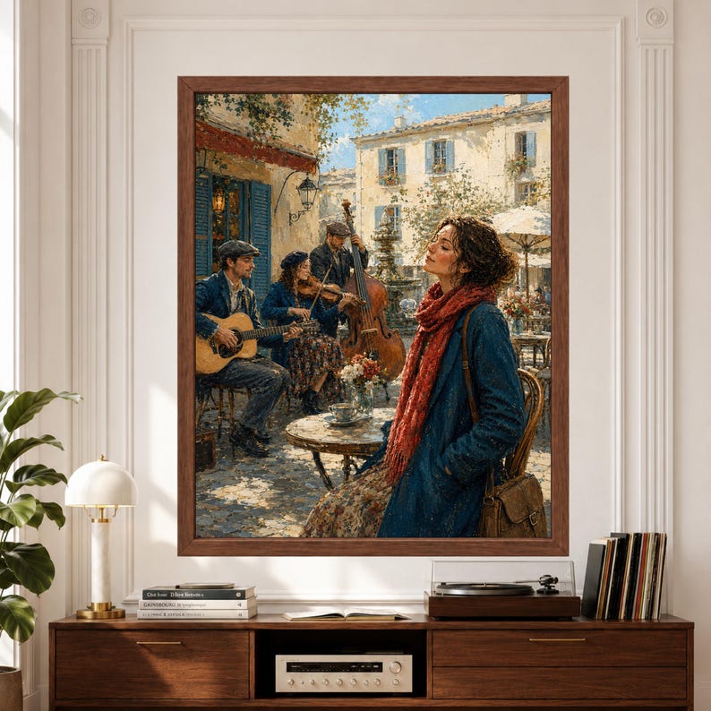 Framed French cafe jazz wall art featuring an acoustic trio playing guitar, violin and upright bass in a sunlit European courtyard while a woman listens from a cafe table surrounded by pale buildings, blue shutters and flowers above a record player console.