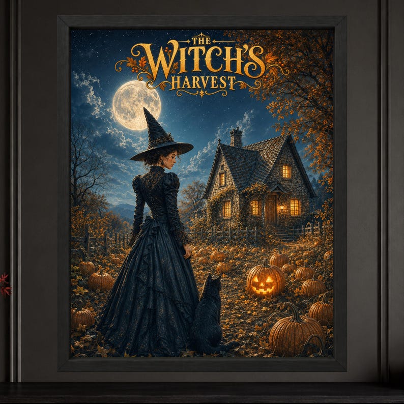 May include: A framed wall art print titled The Witch's Harvest, featuring a figure in a black gown and pointed hat standing with a black cat in a pumpkin patch before a stone cottage under a full moon and a dark, starry night sky.