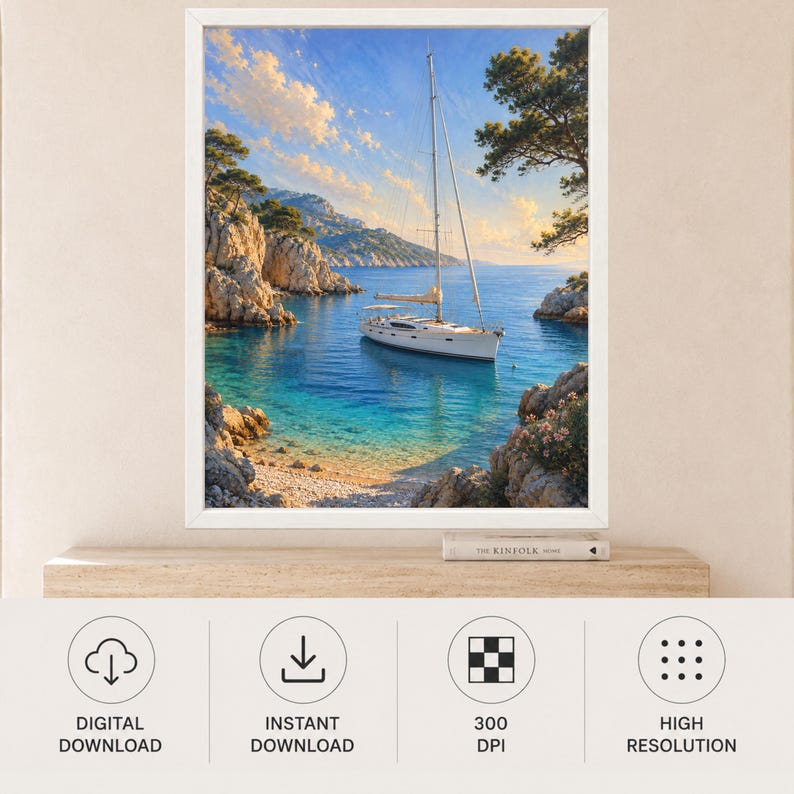 May include: A framed vertical wall art print featuring a white sailboat anchored in a calm turquoise bay surrounded by rocky cliffs and trees under a bright blue sky with soft clouds. Below the frame, text reads DIGITAL DOWNLOAD, INSTANT DOWNLOAD, 300 DPI, and HIGH RESOLUTION.