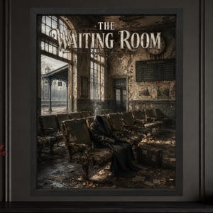 May include: A framed wall art print titled THE WAITING ROOM depicting a dilapidated train station interior with rows of worn chairs, a dark figure in a long coat sitting in one seat, a departures board, and a vintage suitcase on the floor.