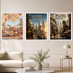 May include: A set of three framed wall art prints featuring jazz-themed illustrations. The left print shows a drum kit with the text Sunlit Rhythm. The center print depicts a city skyline with the text Saxophone Skyline. The right print shows a street scene with the text Piano District.
