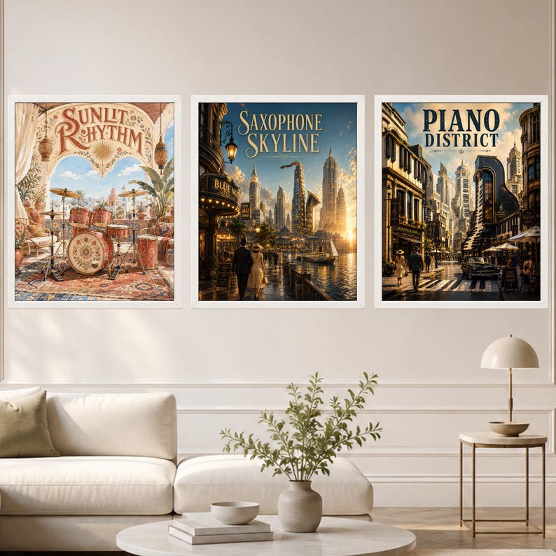 May include: A set of three framed wall art prints featuring jazz-themed illustrations. The left print shows a drum kit with the text Sunlit Rhythm. The center print depicts a city skyline with the text Saxophone Skyline. The right print shows a street scene with the text Piano District.