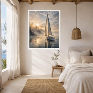 May include: A framed wall art print featuring a sailboat gliding across calm water during a misty sunrise. The scene includes a sunlit sky, dense fog, and a distant treeline, all captured in soft golden and blue tones within a white frame.