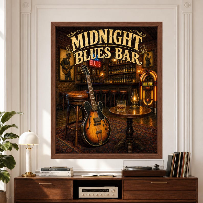 Framed Midnight Blues Bar wall art featuring a vintage electric guitar beside a leather bar stool in a warm brick blues lounge with glowing jukebox, framed musician portraits, dark wood bar and amber lighting above a record player console.